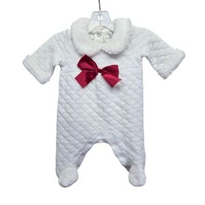 Nicole Miller New York Baby Girl Quilted Footie White Faux Fur Red Bow 0-3 Month